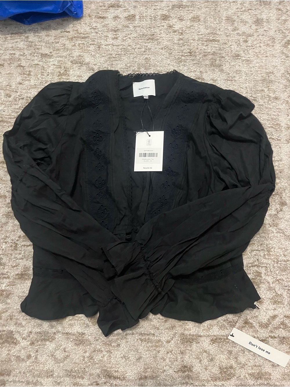 Reformation Black Eyelet-Trim Long Sleeve Top